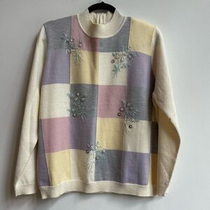 Vintage Alfred Dunner Women's Checker Mock Neck Floral Bead Multicolor Sweater S